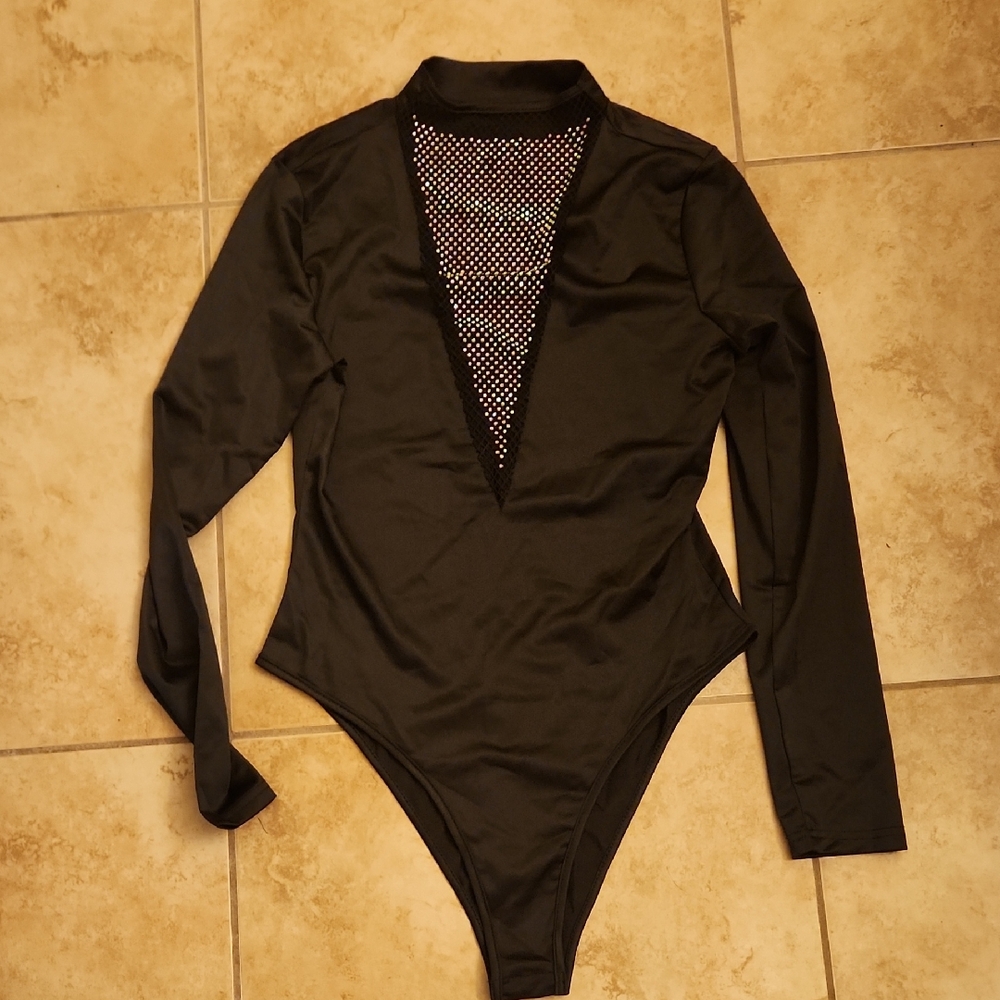 SHEIN Black Long Sleeve Mesh Bodysuit